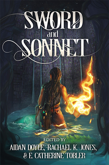 Cover for the Sword and Sonnet anthology: a battlepoet, armed with a large book and a fistful of fire, faces away from the viewer in a flooded library. Something scaled and monstrous moves through the knee-deep water
